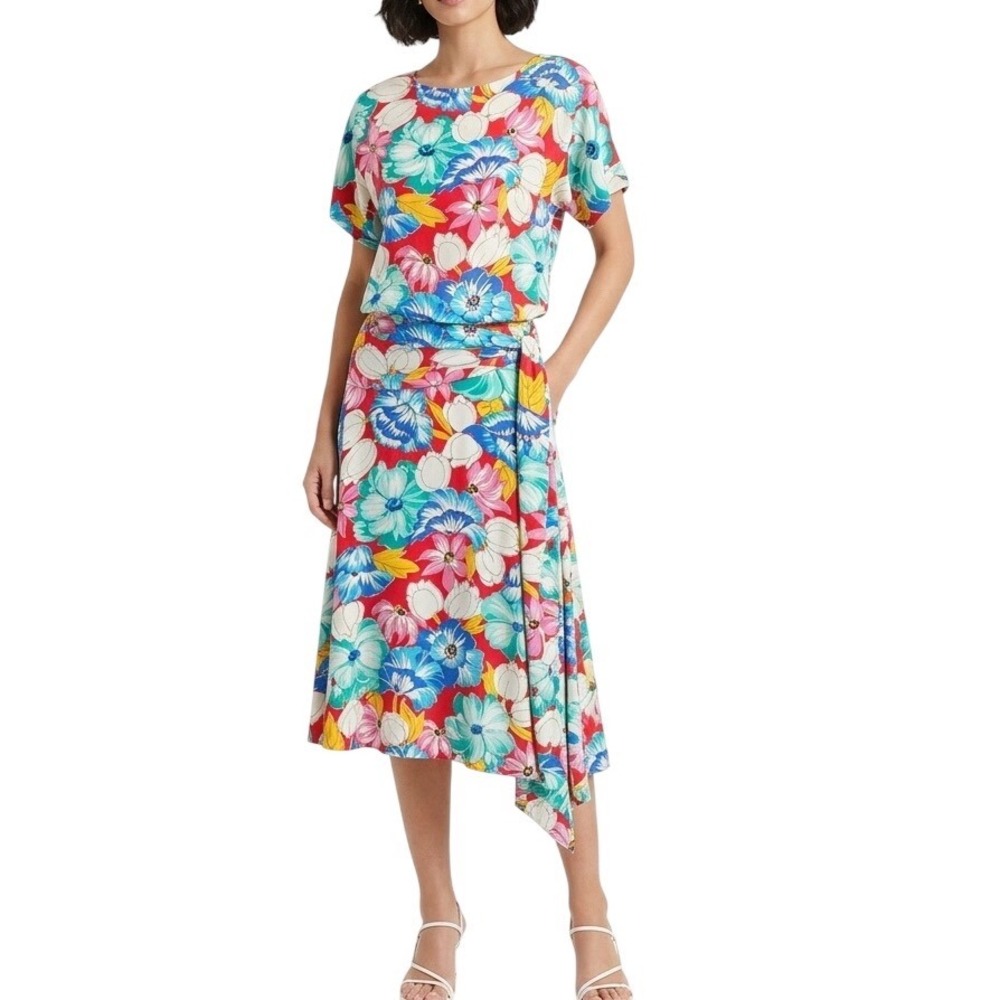 VTG 70s 80s The Kollection Floral Midi Dress SZ 6 Wide Sash Tie Resort Tropical - Picture 1 of 12